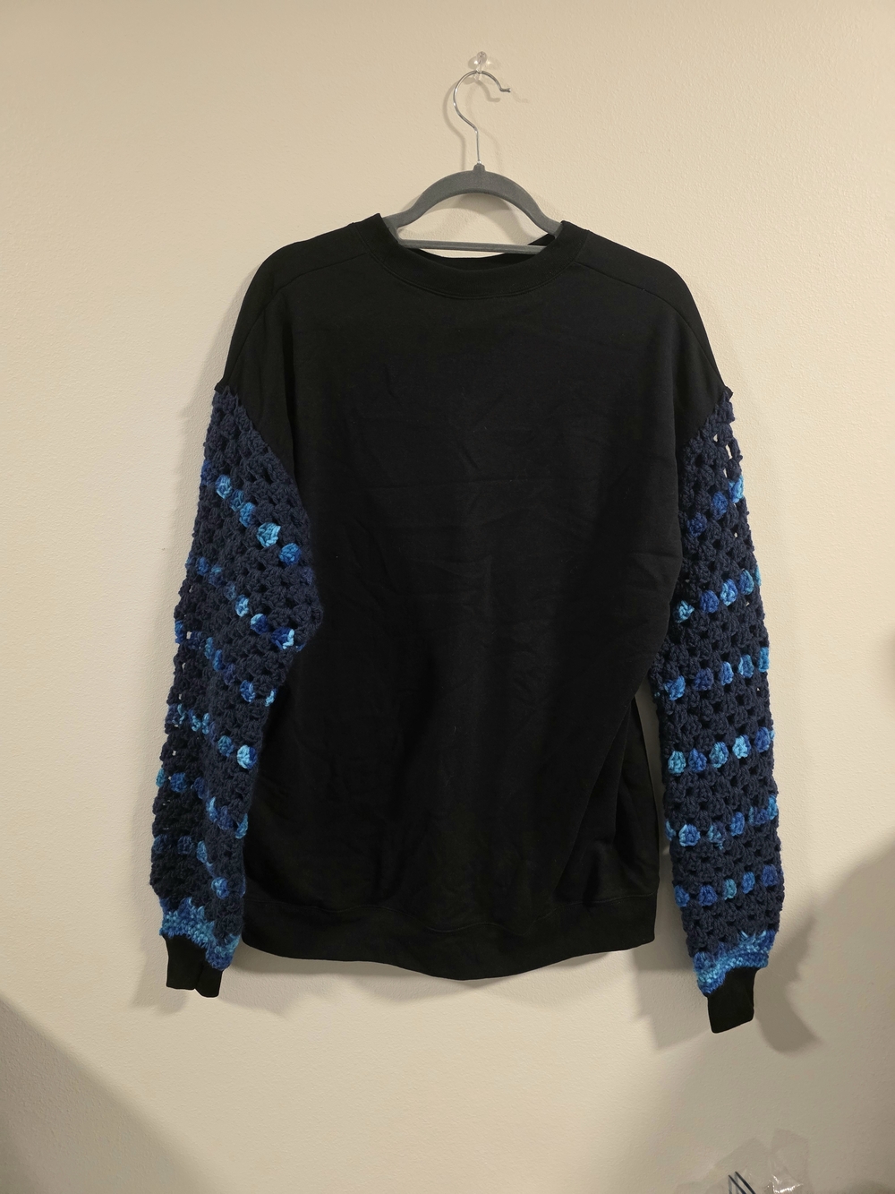 Hanes Black Crewneck Sweatshirt with Navy and Light Blue Crochet Sleeves